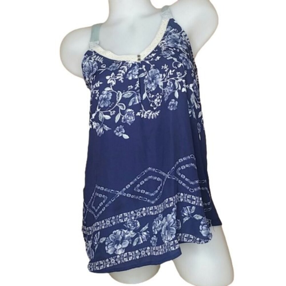 Rewind Navy Blue Floral Print Blouse Tank Size M